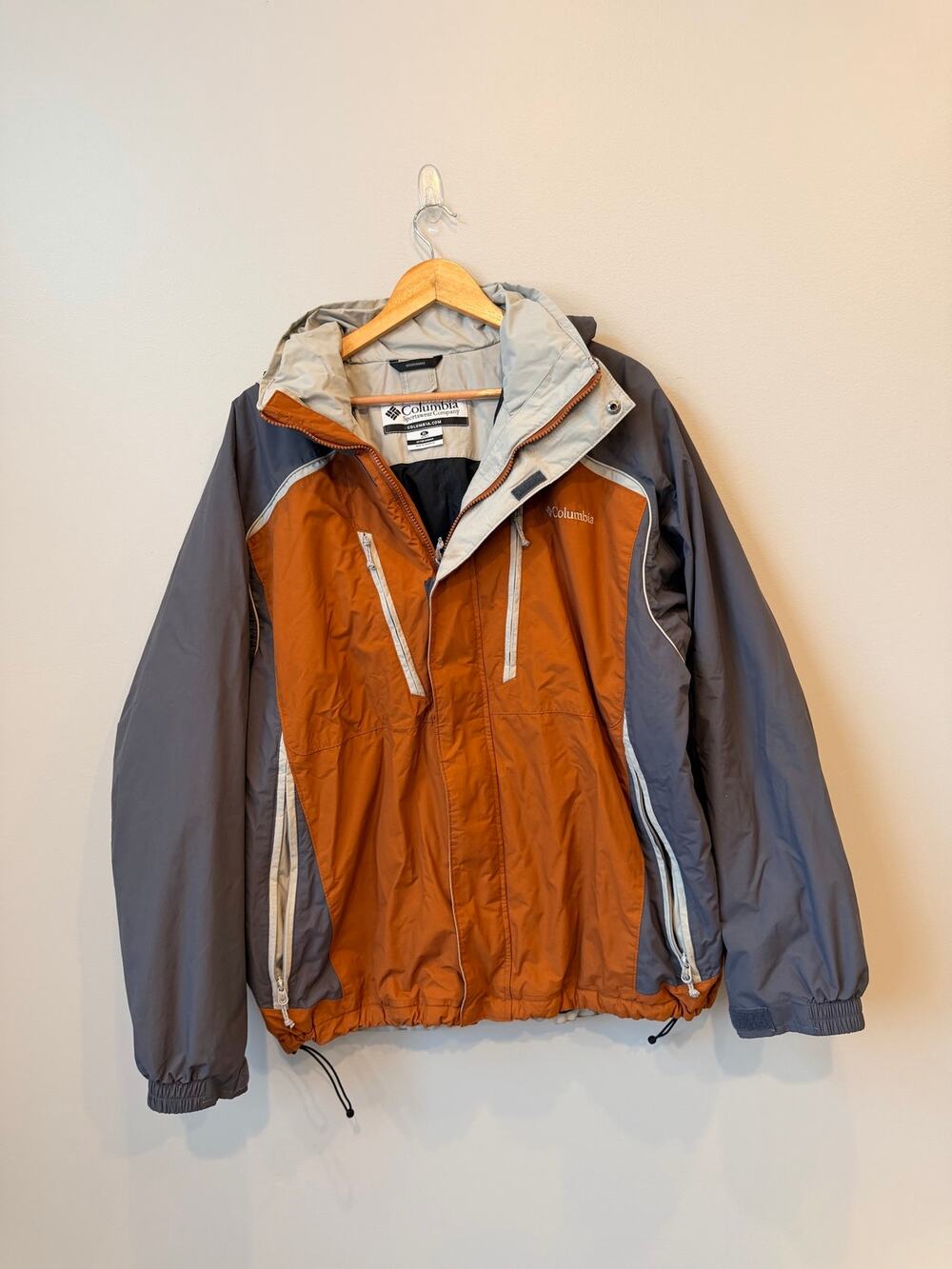 Columbia Interchange Jacket Mens XL Orange Gray Waterproof Hooded Ski Hike Shell